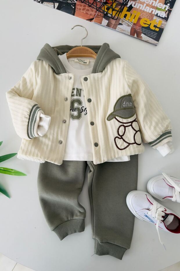 Hooded Furry 3-Piece Baby Boy Set with Hat and Teddy Bear Embroidery Detail - Green