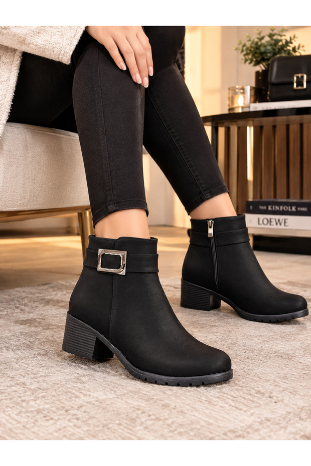 Livia Women's Black Thick Heeled Buckle Zipper Short Boots