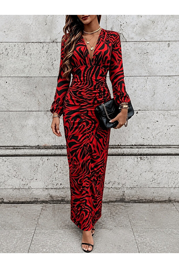 Women's Long Sleeve Double Breasted Collared Waist Gathered Patterned Long Diver Dress
