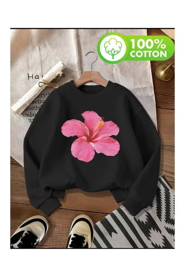 Unisex Pink Floral Printed Crew Neck Sweatshirt Printed Premium Oversize T-Shirt