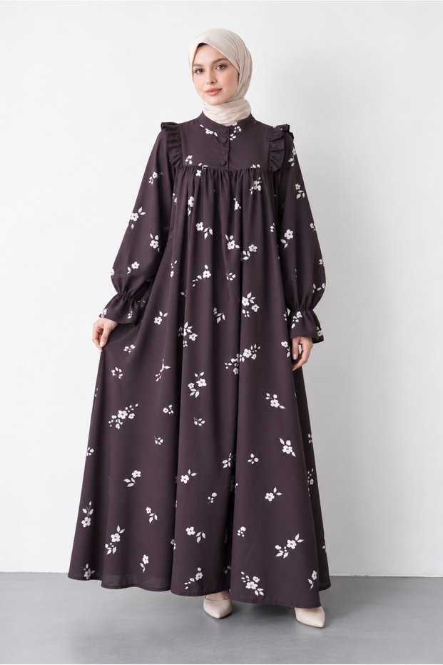 Women's Hijab Ruffle Detailed Buttoned Comfortable Fit Long Maxi Dress