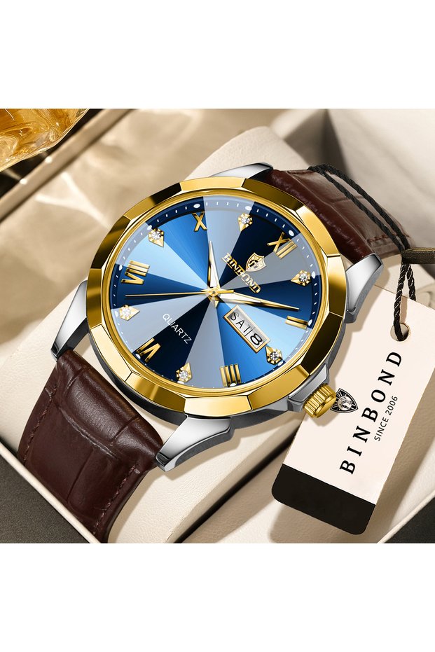 No 6 BINBOND Business Quartz Watches for Men Luxury Luminous Waterproof Precise Auto Date Week Displ