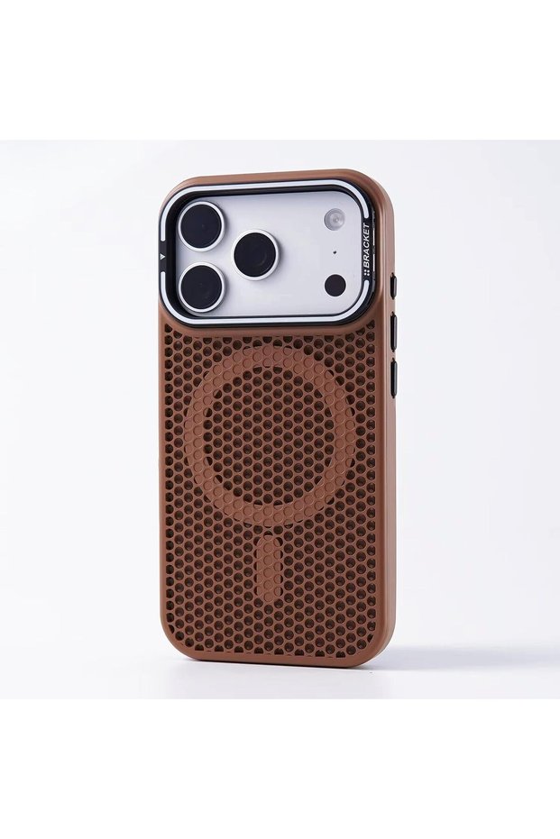 Compatible with iPhone 17 Pro Max, Magnetic Phone Case with Foldable Camera Lens Kickstand, Slim Shockproof TPU Cover, Heat-Dissipation Mesh, Drop Protection, Supports Magnetic Charging, Brown