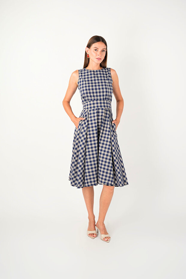 Checkered Fabric Midi Dress - Cream Color