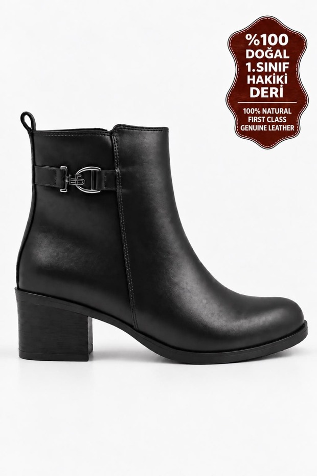 Women's Boots Genuine Leather Stylish Buckle Detail Heeled Ankle Boots Daily Stylish Classic Boots