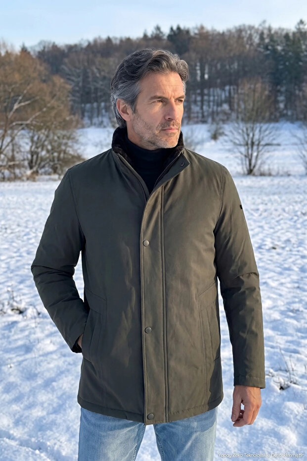 Men's Winter Stand Collar Pocketed Khaki Coat Bonded Fabric Classic Fit - M004