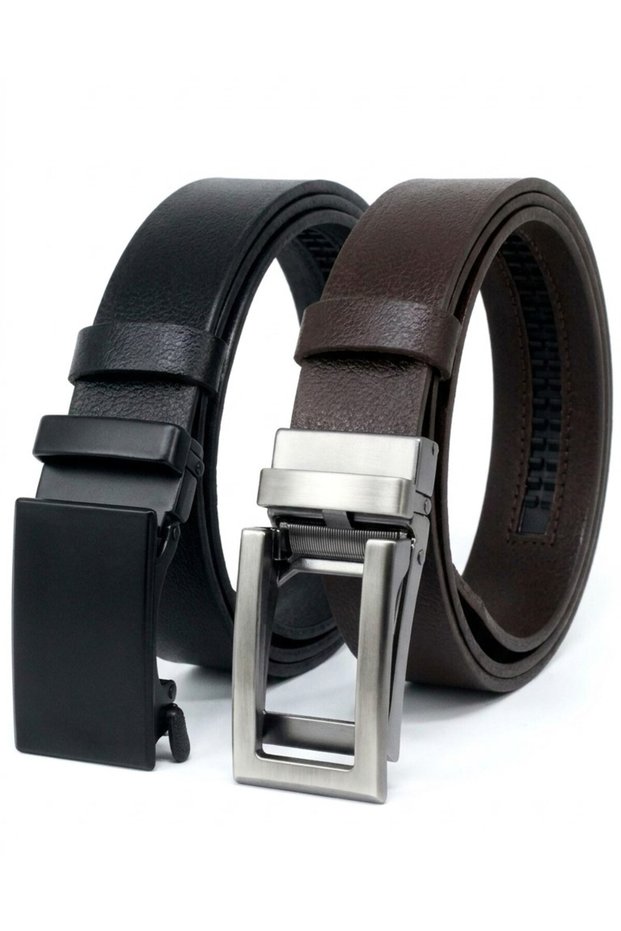 2-Pack Genuine Leather Automatic Buckle Men's Belt with No-Hole Rail