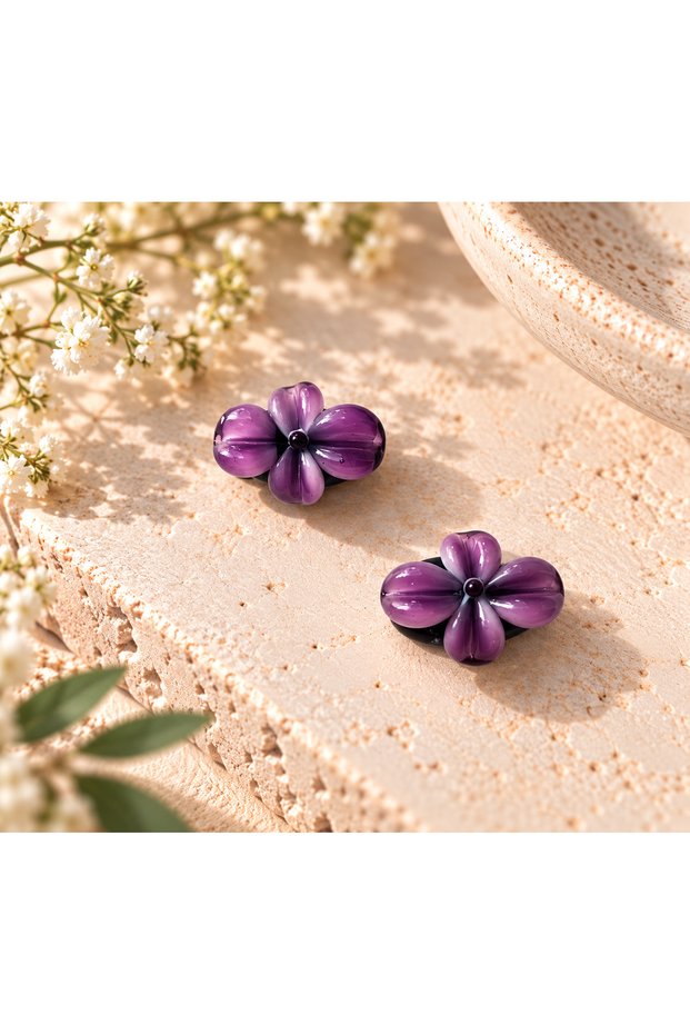 Handmade Murano Glass Purple Floor Flower Beads (2 Pieces)