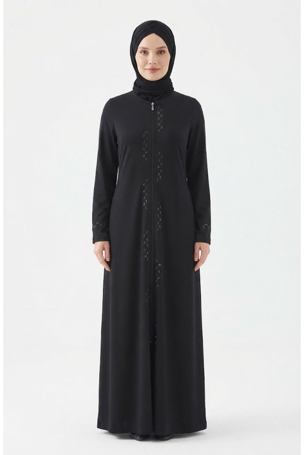 Black Stone Detailed Zippered Two-Thread Sports Robe