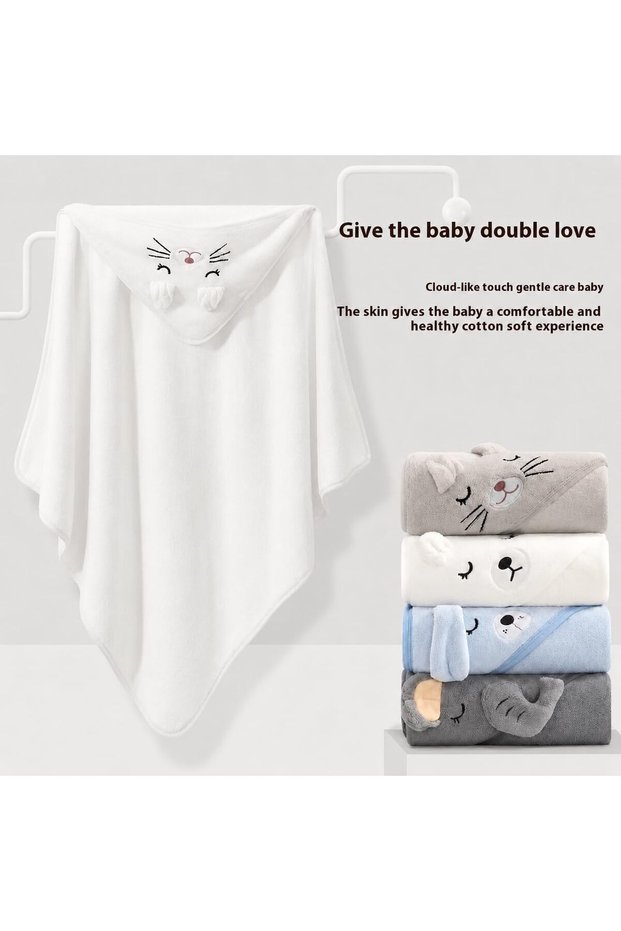 Ultra Soft Baby Bath Towel & Plush Blanket 80x80cm – Thick Coral Fleece Hooded Baby Wrap, Highly Absorbent Skin-Friendly Newborn Towel for Infants & Toddlers, Cartoon Baby Blanket (White)