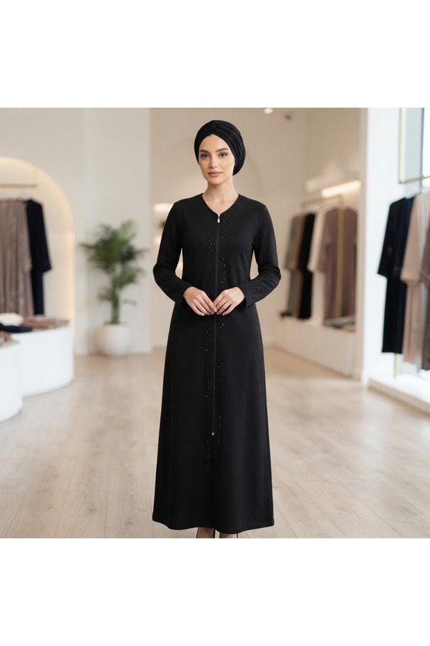 Black Stone Detailed Zippered Two-Thread Sports Robe