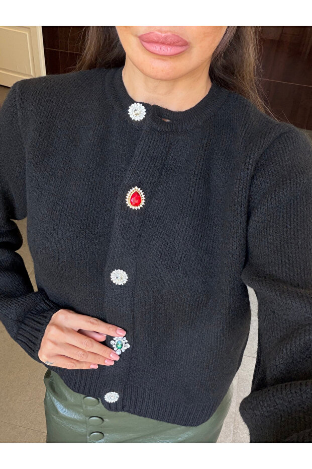 Black Gemstone Button Detailed Cardigan - 261083