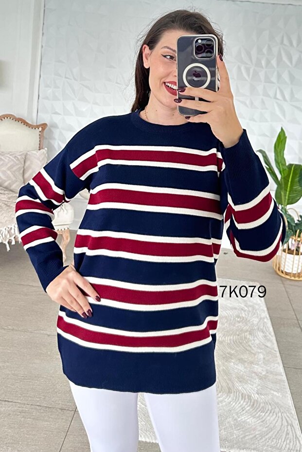 Crew Neck Striped Knitwear Blouse 7K079