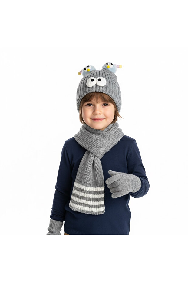 Children's Scarf, Beanie and Gloves Set with Funny Figures