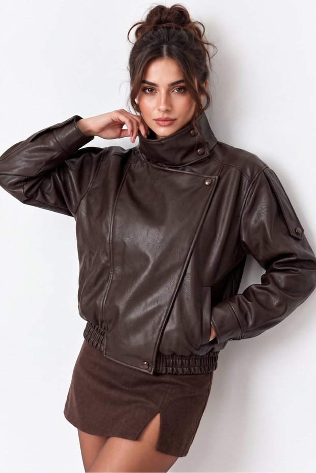 Bitter Brown Stand Collar Leather Jacket with Button Detail