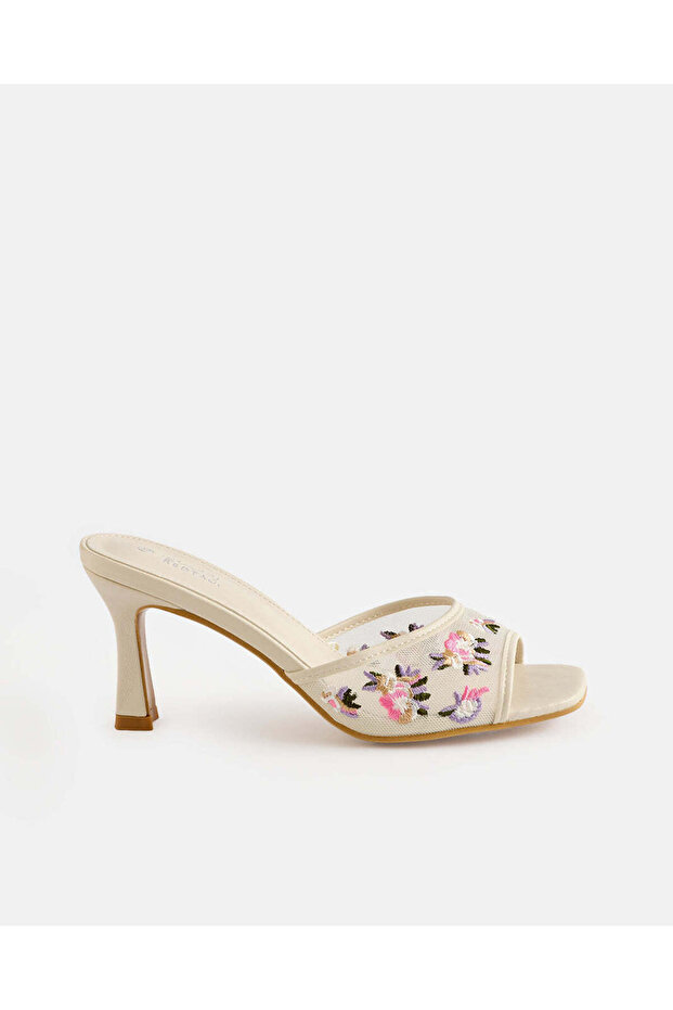 Women White Embroidered Heeled Mules