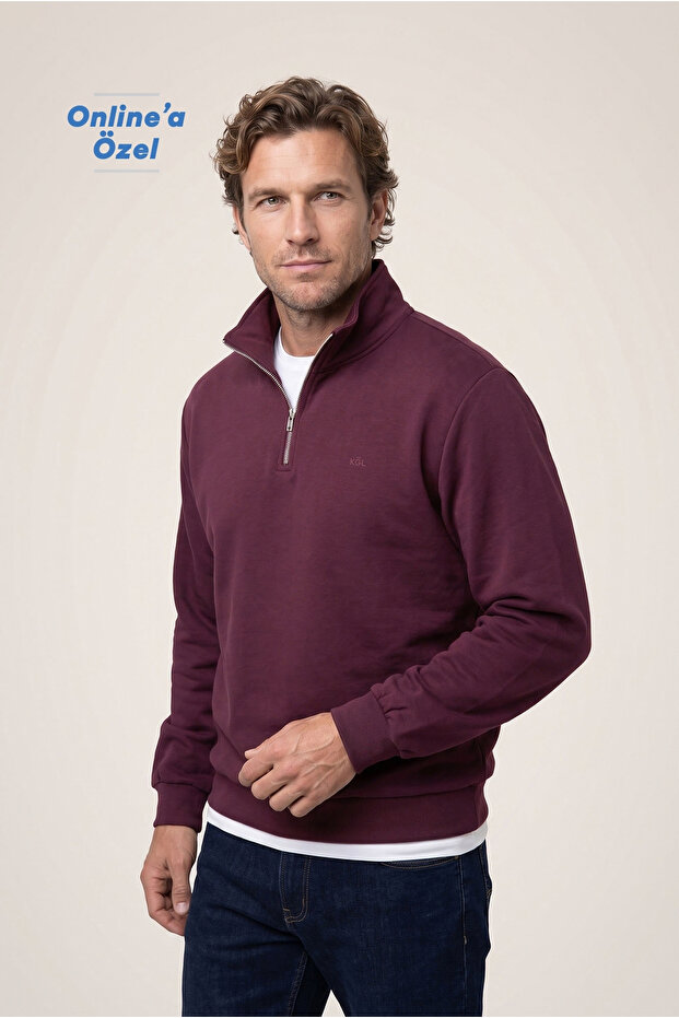 Zippered Half Turtleneck Regular Fit Cotton Basic Sweatshirt