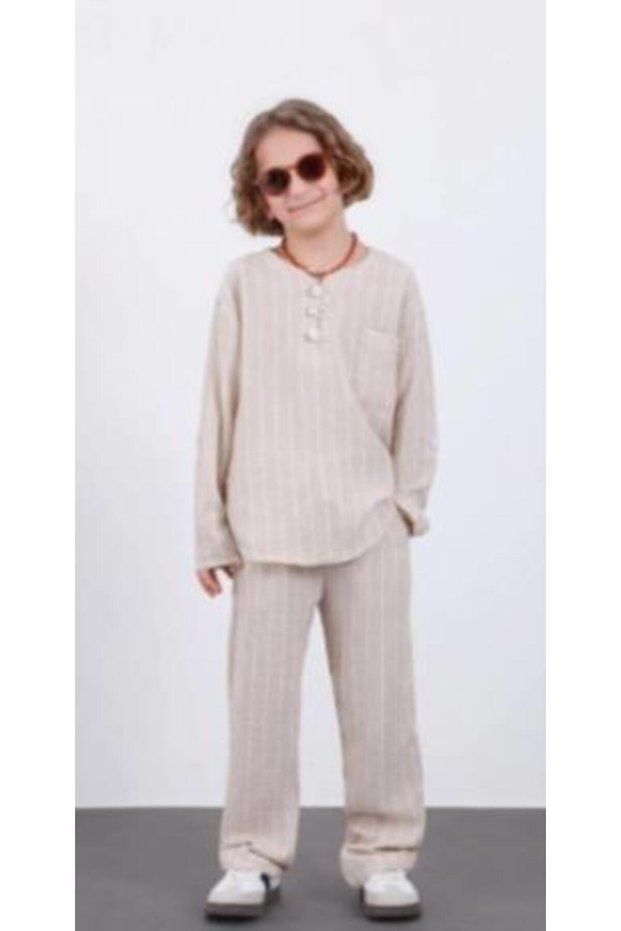 Boys' Linen Striped Double Set – Stylish and Comfortable Casual Combination (Shirt + Pants) 9262K-
