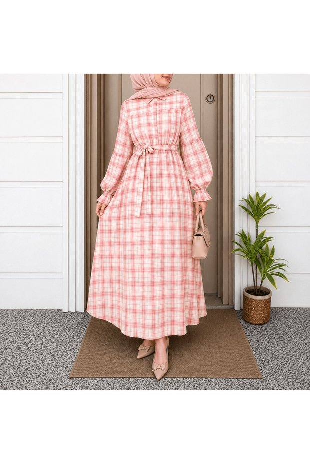 Plaid Patterned Waist Gathered Dress - 5166 - Pastel Pink