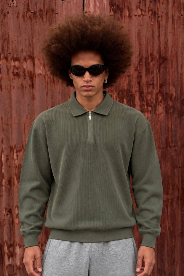 Men's Polo Collar Half Zipper Long Sleeve Green Sweater