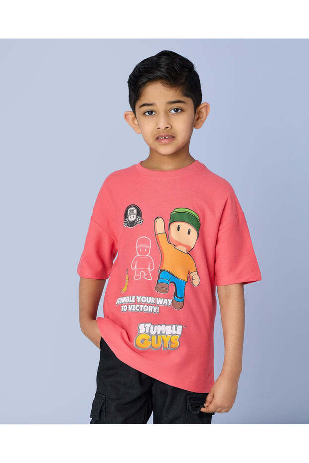 Boys Red Stumble Guys Over Sized Printed T-Shirt