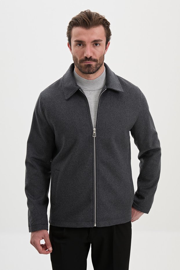 Textured Slim Fit Shirt Collar Zippered Side Pocket Wool Men's Coat Anthracite - 39703.26K