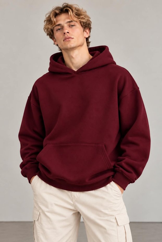 Men's Oversize Hooded Kangaroo Pocket 3 Thread Sweatshirt Hoodie