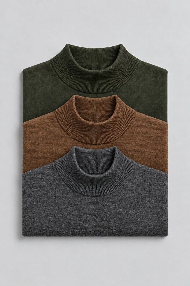 Men's Winter Basic High Neck 3-Piece Knit Sweater