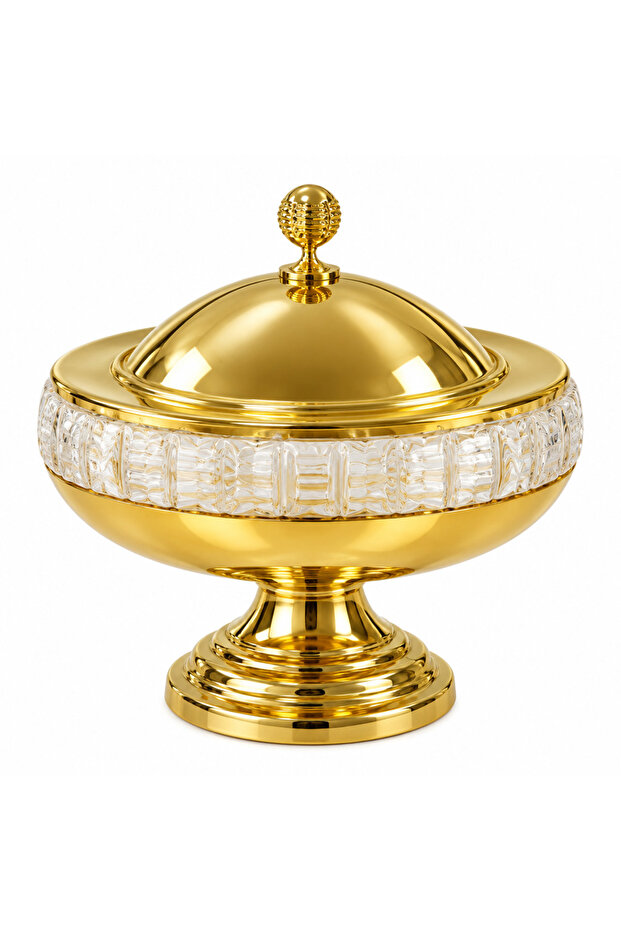 Metal and Glass Footed Candy Bowl with Lid Gold - 25×15cm
