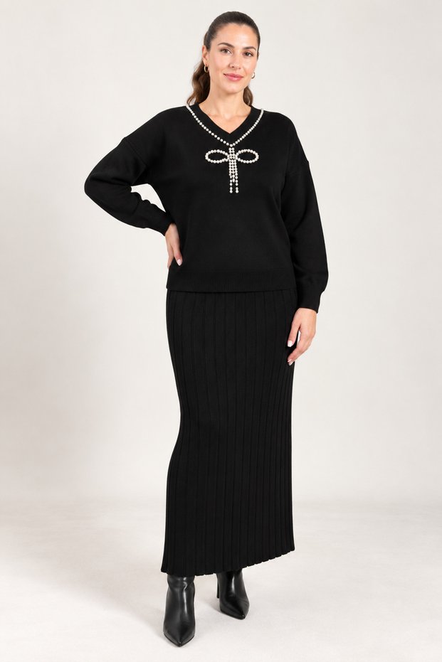 Plus Size Bow and Stone Skirt Set Black