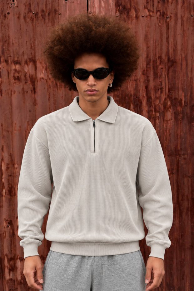 Men's Polo Collar Half Zipper Long Sleeve Cream Sweater