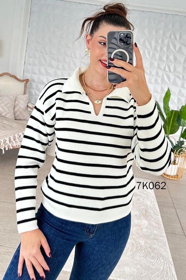 Striped Polo Neck Knitwear Blouse 7K062