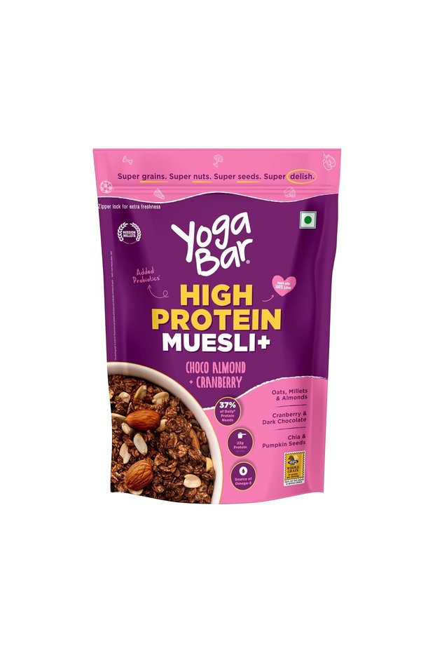 Yogabar High Protein Muesli 850g – 23g Protein per 100g, Choco Almond & Cranberry, With Probiotics, High Protein Breakfast Cereal