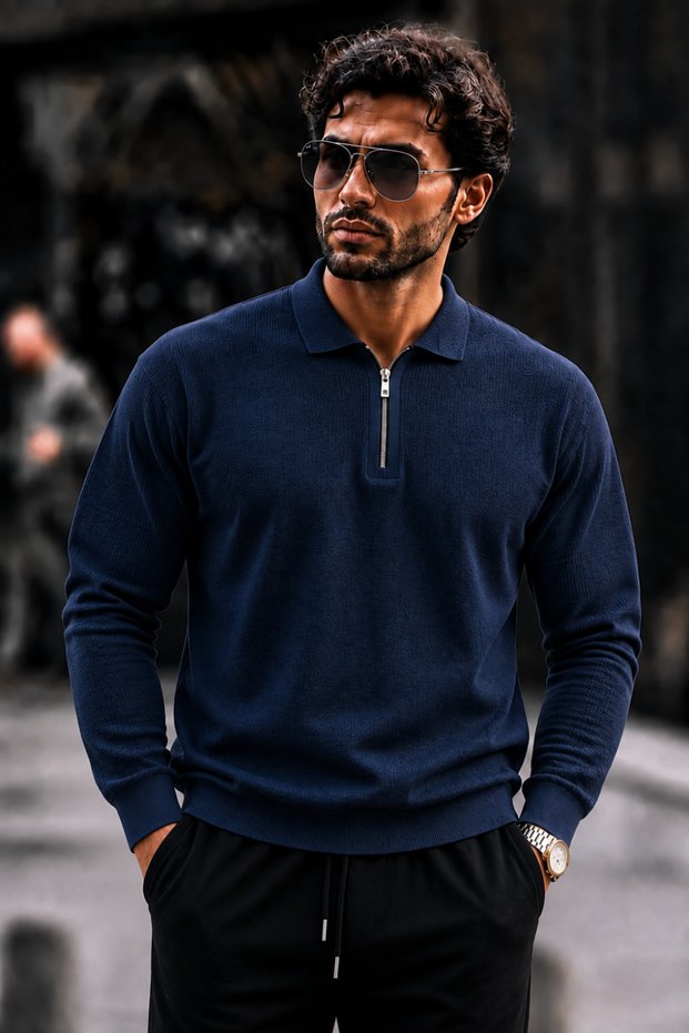 Men's Half-Zip Textured Knitwear Navy Blue Sweater