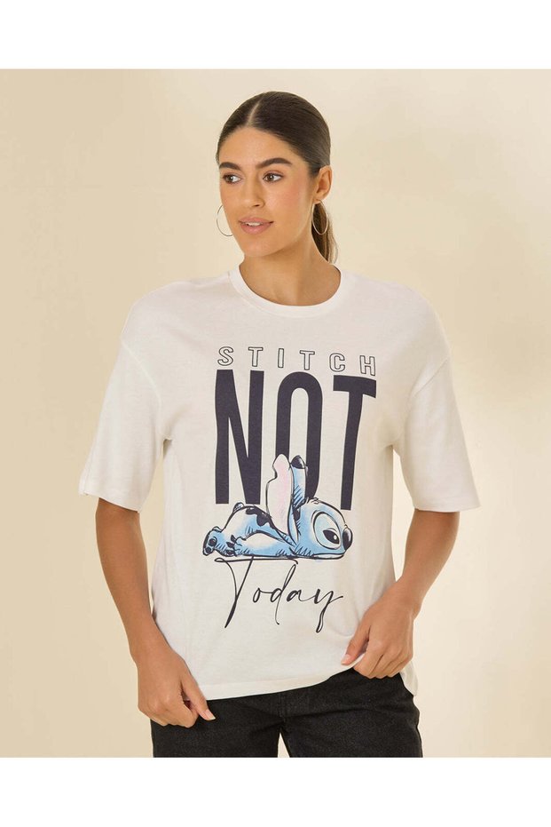 Women White Printed Stitch Oversized T-Shirt