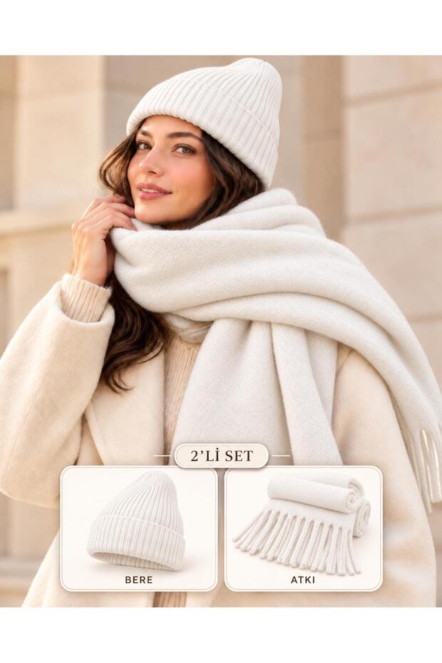 Women's 2-Piece Set Puffy Scarf and Ribbed Beanie Set, Winter Gift, Valentine's Day Gift