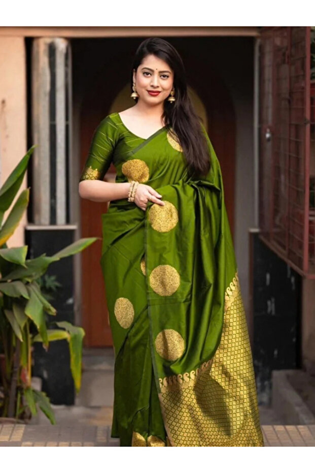 Green Soft Silk Saree with Golden Zari Motifs - MAF101225 | Green