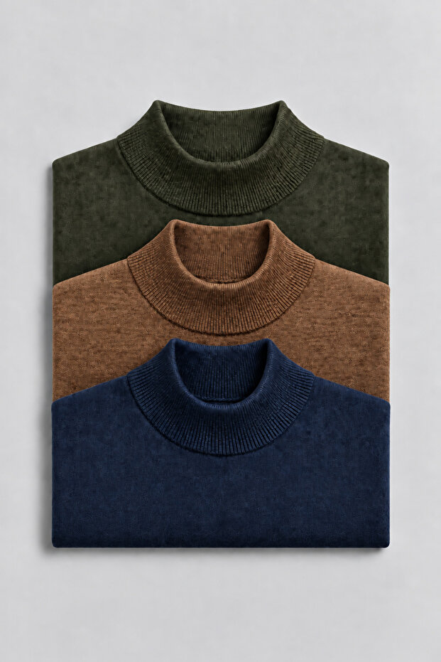 Men's Winter Basic High Neck 3-Piece Knit Sweater