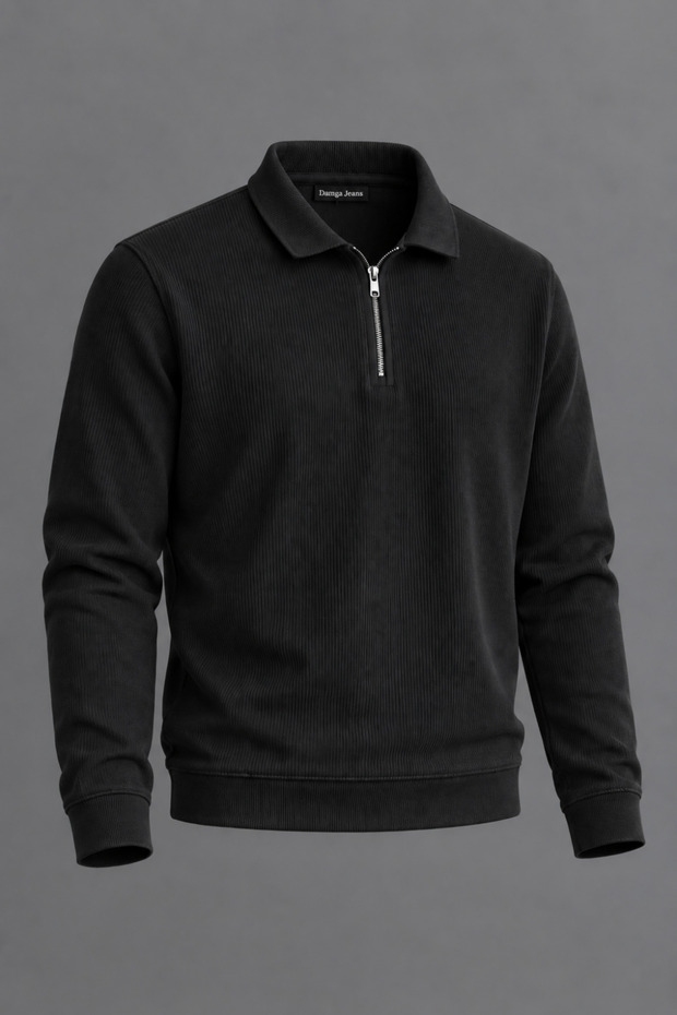 Men's Polo Collar Half Zipper Casual Black Sweater