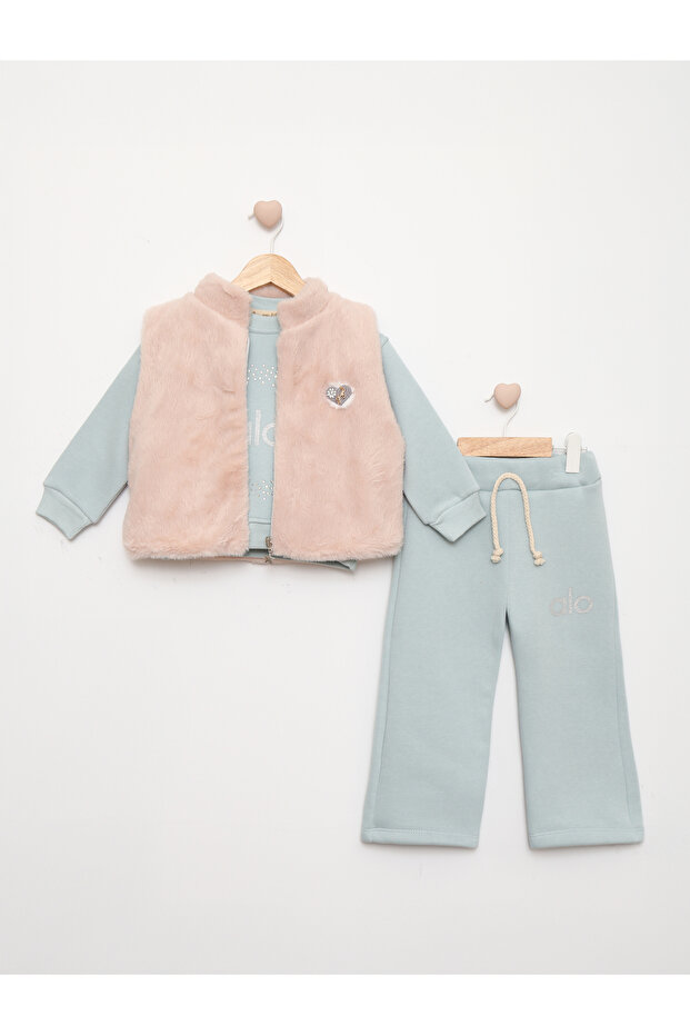 Plush Vested Stone Printed 3 Yarn Girls' Tracksuit Set