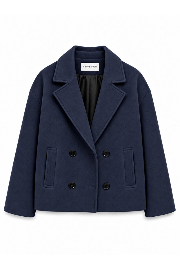 Short Checked Coat - Navy Blue - Sevde Ugur