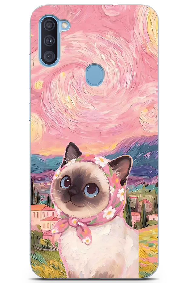 Samsung Galaxy A11 / M11 Compatible Van Gogh Themed Cat Pattern Transparent Phone Case