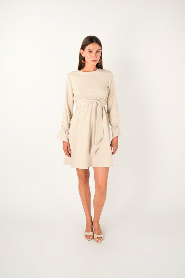 Crepe Fabric Waist Elastic Dress - Mink