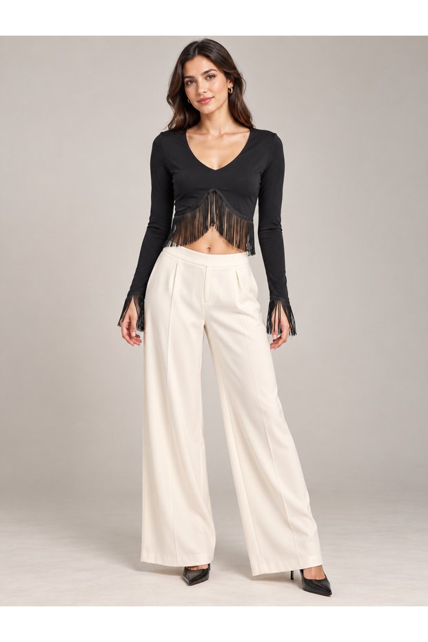 V-Neck Long Sleeve Tassel Detailed Crop Blouse