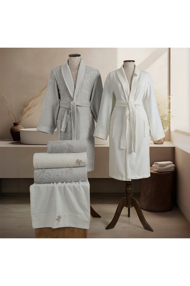 Almira Bamboo Embroidered Family Bathrobe Set Gray/Ecru M-L/L-Xl (6 Pieces)