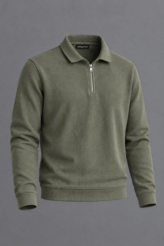 Men's Polo Collar Half Zipper Casual Green Sweater