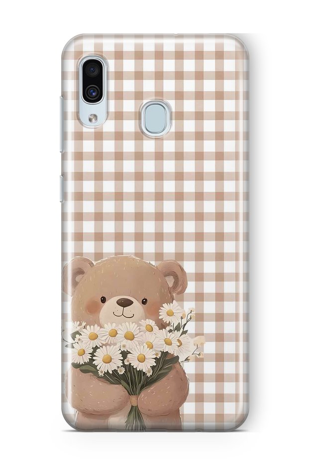 Samsung Galaxy A20 / A30 Compatible Transparent Phone Case with Flower Bouquet and Teddy Bear Pattern