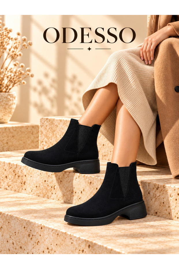 Women's Black Suede Chelsea Boots with Elastic Side and Mesh Detail, Thick Sole, Short Ankle Casual Boots