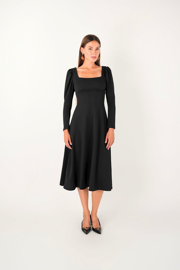 Crepe Fabric Square Collar Midi Dress - Black