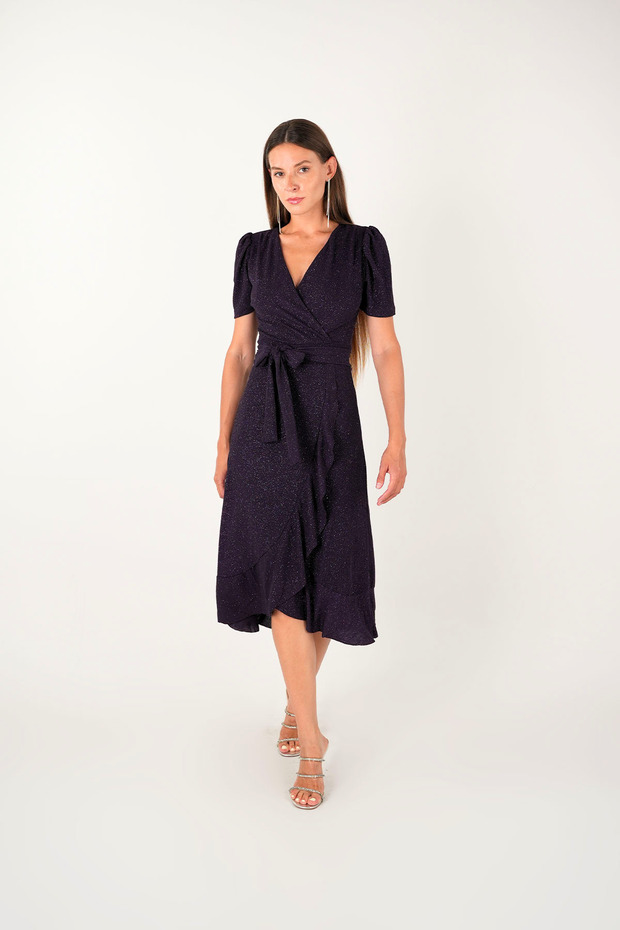 Imported Glitter Fabric Belt Detailed Midiboy Dress - Patlican Purple